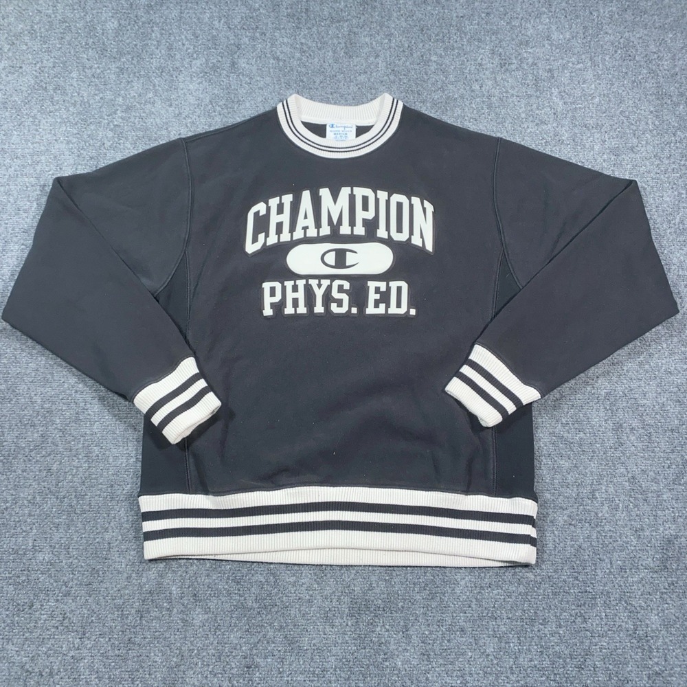 Champion Phys Ed Crewneck Sweater Men's M Black‎ Reverse Weave Heavy Pullover